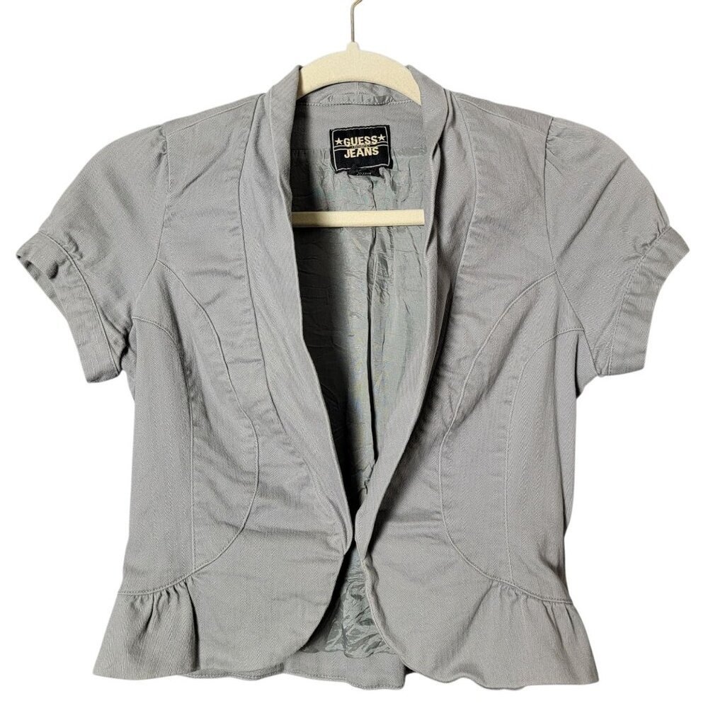 Y2K Guess Womens Guess Gray Short Sleeve Chic Fitted Peplum Crop Jacket Blazer S